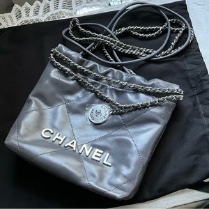 Chanel 23K Mini 22 Hobo Bag Shiny Calfskin Silver Metal Grey CHIP